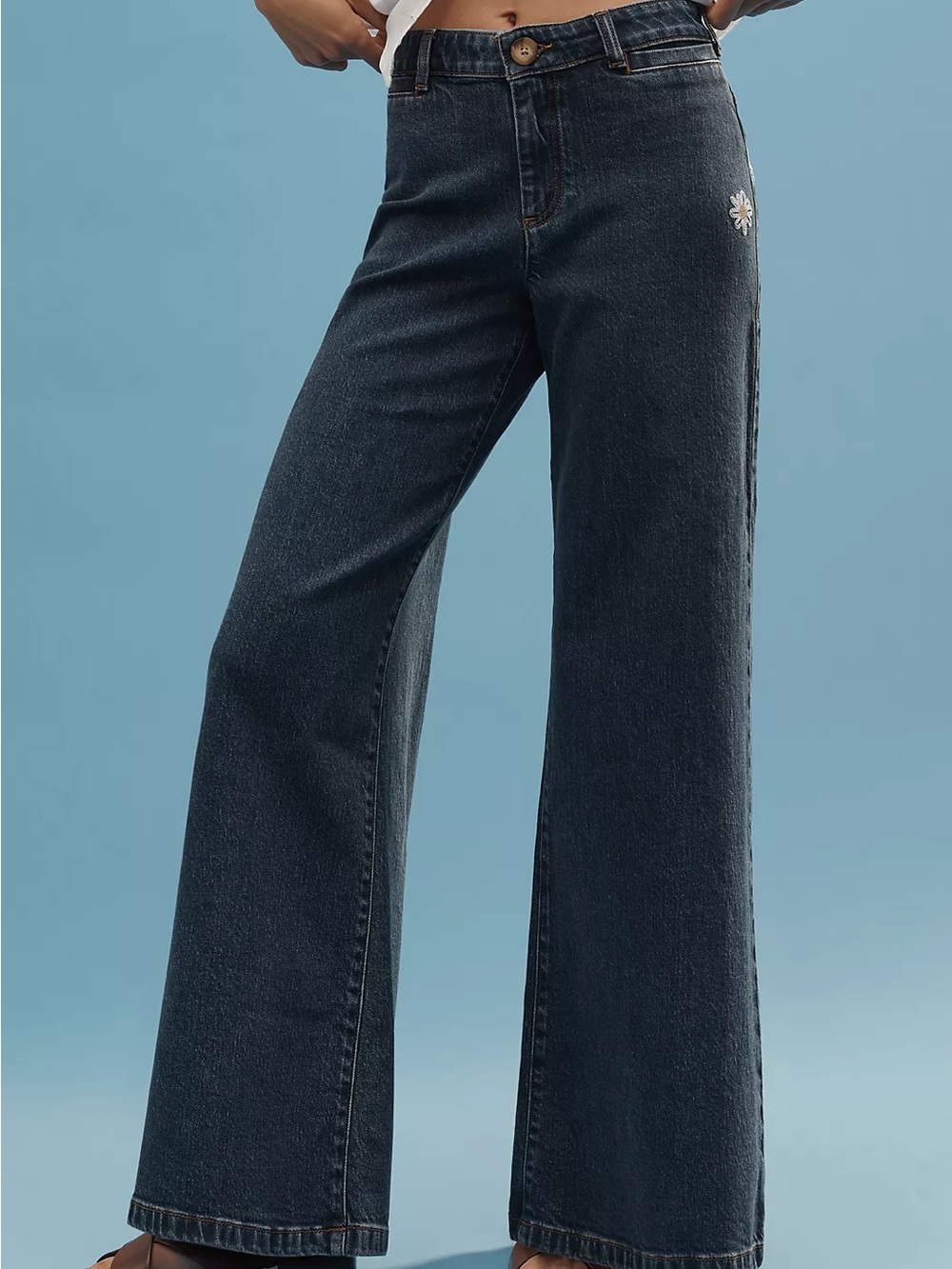 Anthropologie Maeve Strawberry Embroidered High Rise Wide Leg Jean Dark Blue 28 - Picture 9 of 9